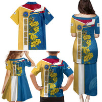 United States Virgin Islands Family Matching Puletasi and Hawaiian Shirt with Blue Yellow Floral Design and Government Seal Bird - Wonder Print Shop