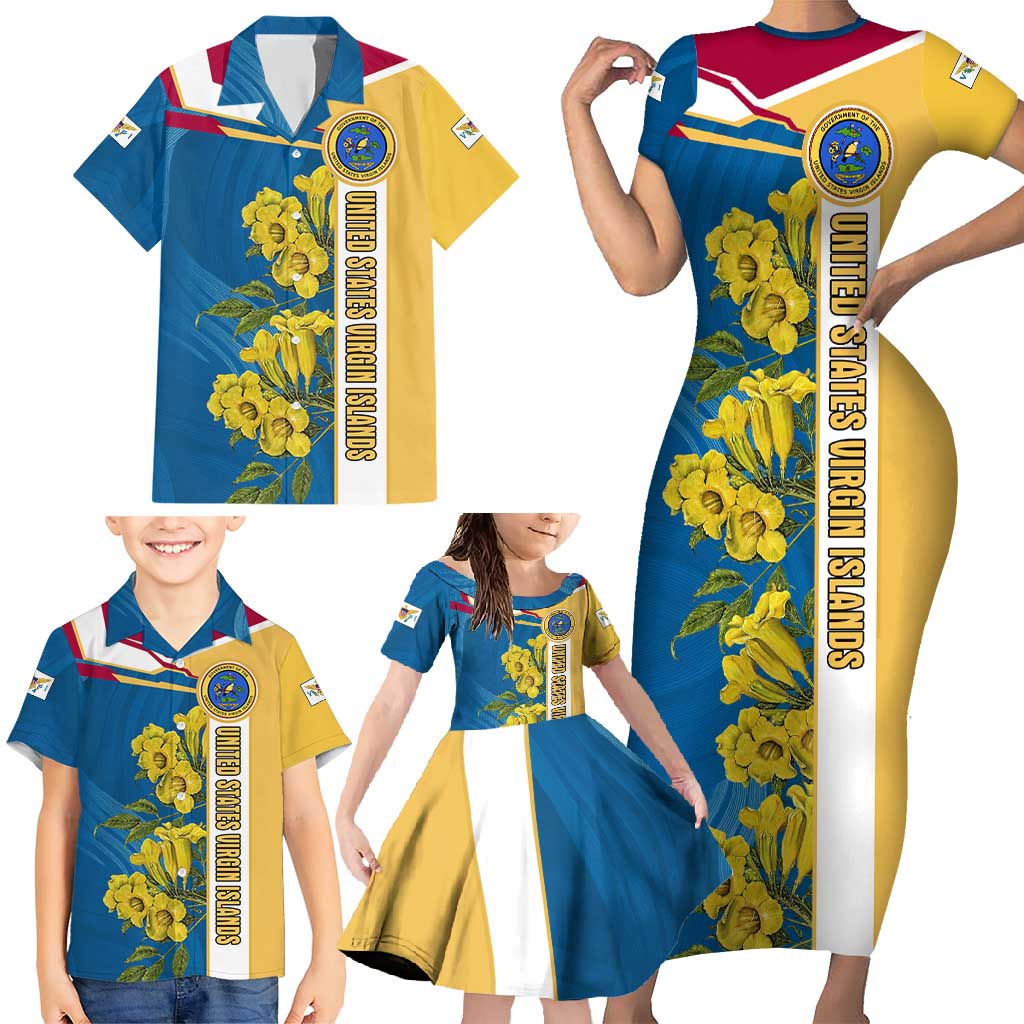 United States Virgin Islands Family Matching Short Sleeve Bodycon Dress and Hawaiian Shirt with Blue Yellow Floral Design and Government Seal Bird - Wonder Print Shop