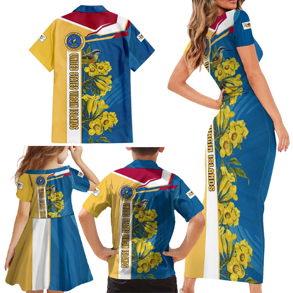United States Virgin Islands Family Matching Short Sleeve Bodycon Dress and Hawaiian Shirt with Blue Yellow Floral Design and Government Seal Bird - Wonder Print Shop