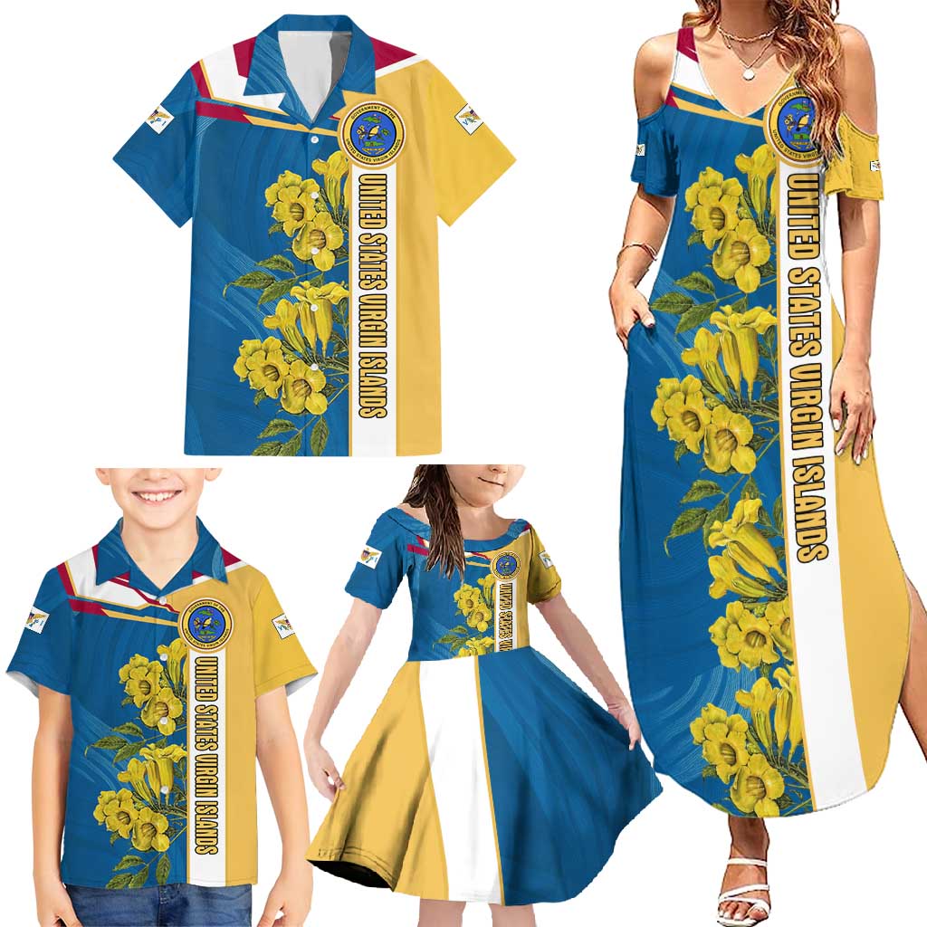United States Virgin Islands Family Matching Summer Maxi Dress and Hawaiian Shirt with Blue Yellow Floral Design and Government Seal Bird - Wonder Print Shop