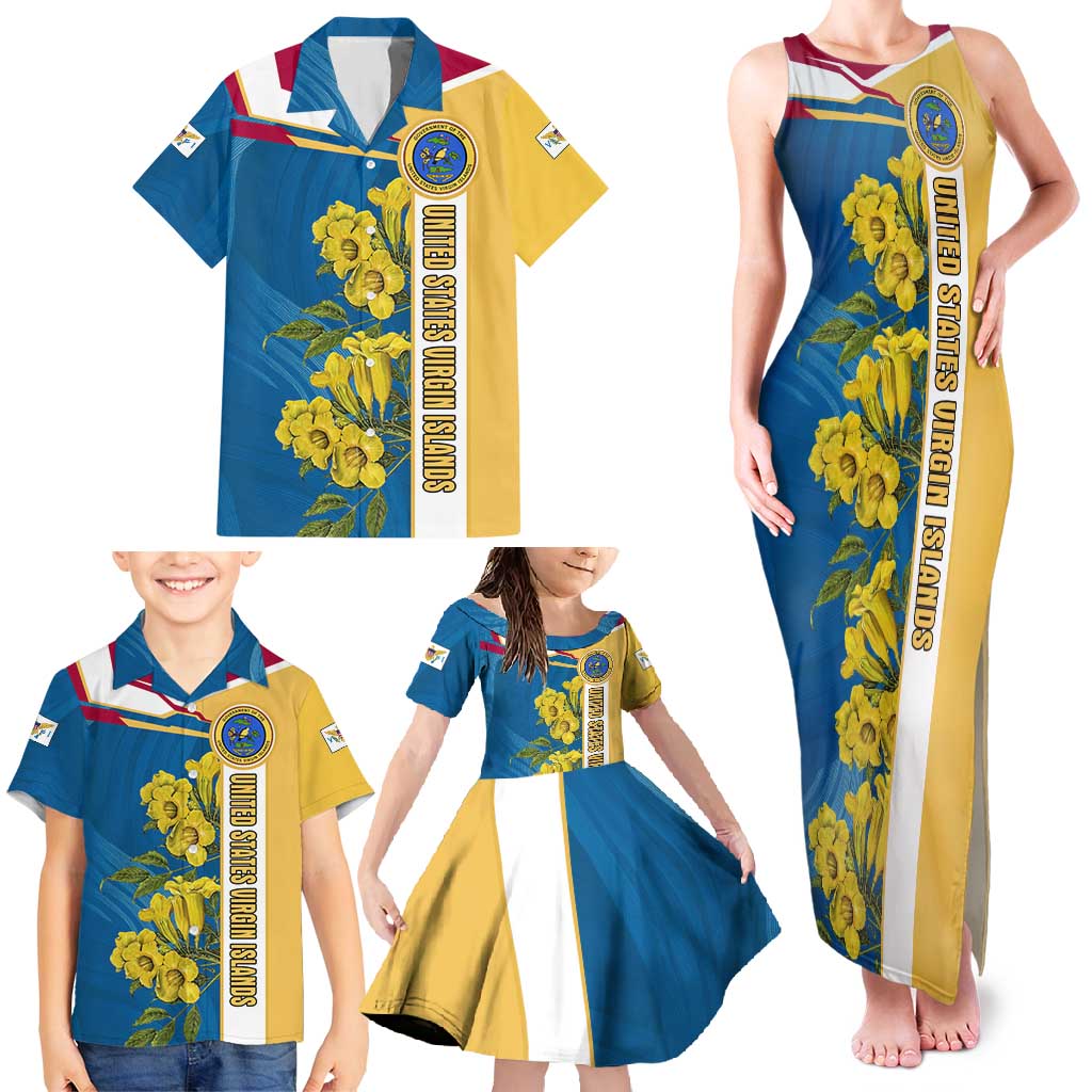 United States Virgin Islands Family Matching Tank Maxi Dress and Hawaiian Shirt with Blue Yellow Floral Design and Government Seal Bird - Wonder Print Shop