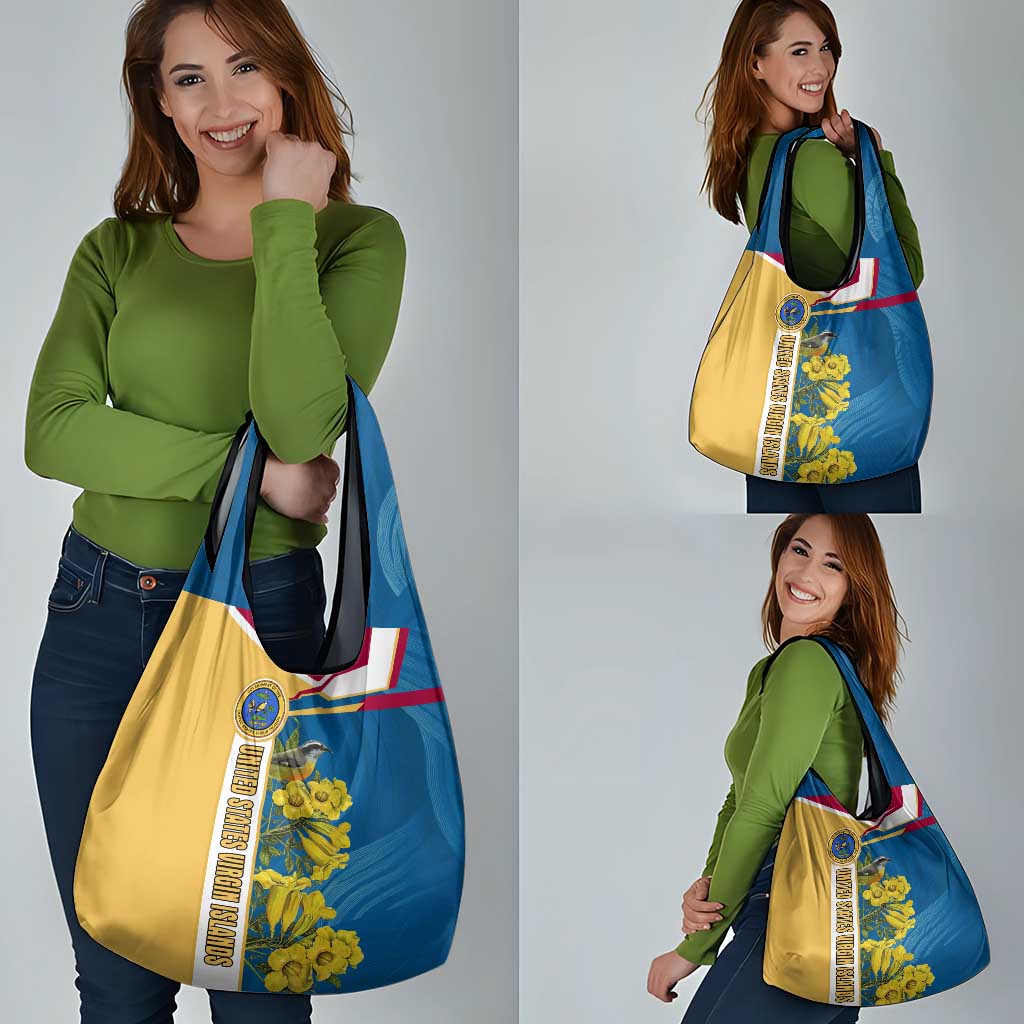 United States Virgin Islands Grocery Bag with Blue Yellow Floral Design and Government Seal Bird - Wonder Print Shop