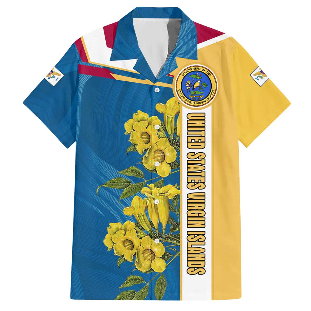 United States Virgin Islands Hawaiian Shirt with Blue Yellow Floral Design and Government Seal Bird - Wonder Print Shop