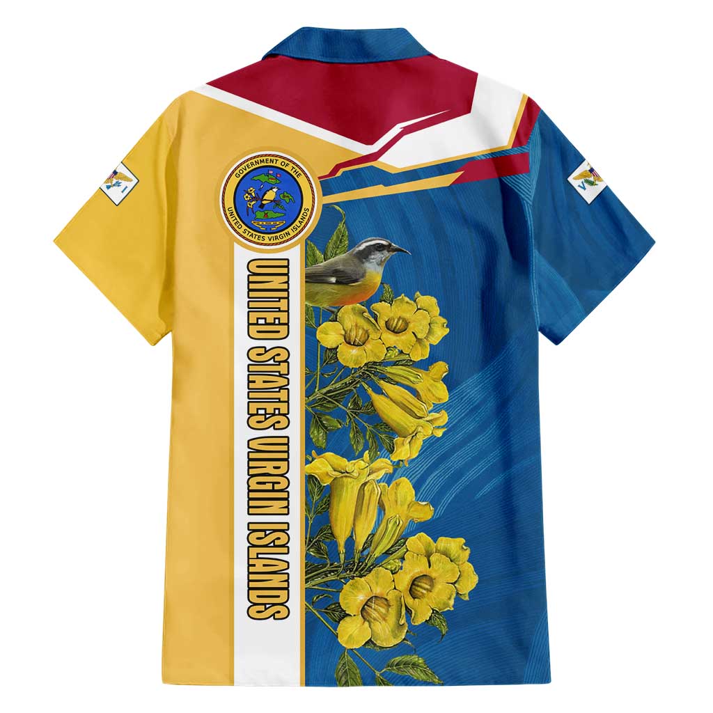 United States Virgin Islands Hawaiian Shirt with Blue Yellow Floral Design and Government Seal Bird - Wonder Print Shop