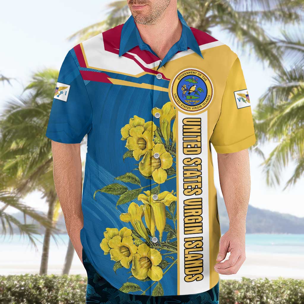 United States Virgin Islands Hawaiian Shirt with Blue Yellow Floral Design and Government Seal Bird - Wonder Print Shop