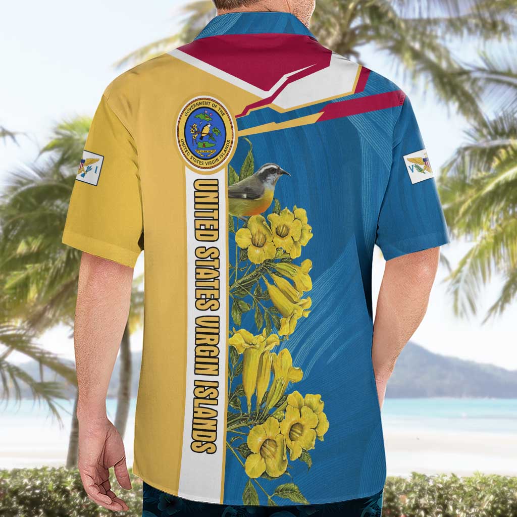 United States Virgin Islands Hawaiian Shirt with Blue Yellow Floral Design and Government Seal Bird - Wonder Print Shop