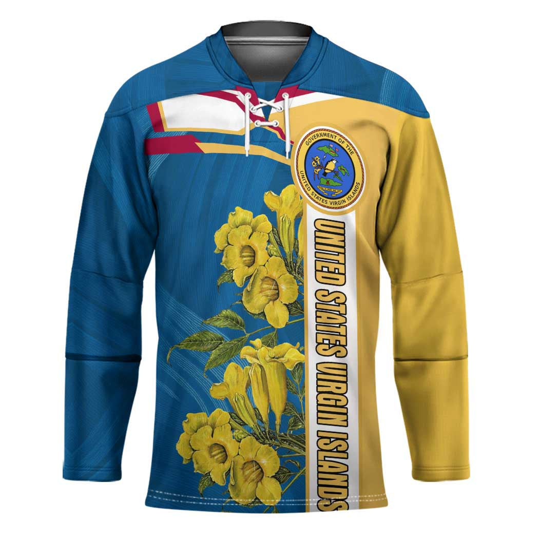 United States Virgin Islands Hockey Jersey with Blue Yellow Floral Design and Government Seal Bird - Wonder Print Shop