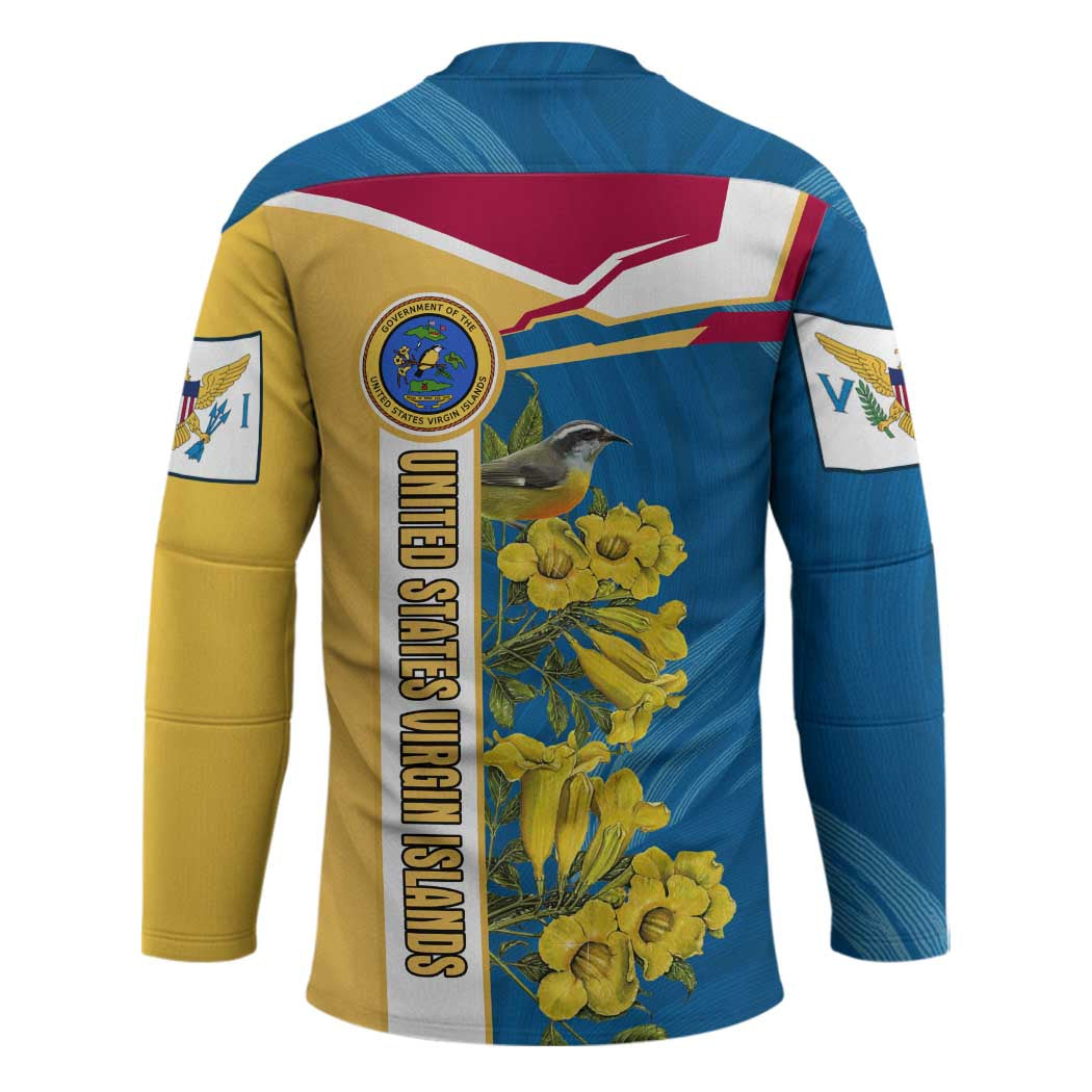 United States Virgin Islands Hockey Jersey with Blue Yellow Floral Design and Government Seal Bird - Wonder Print Shop