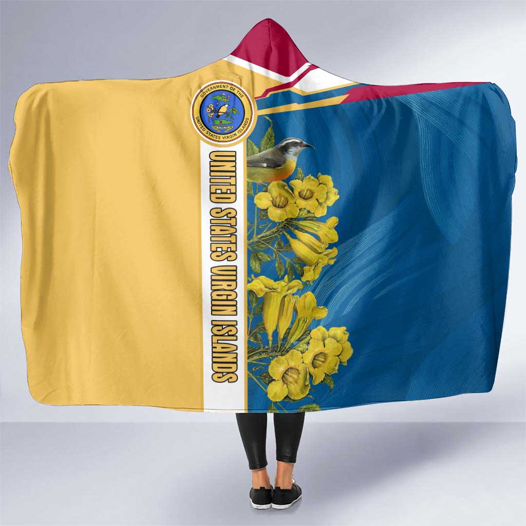United States Virgin Islands Hooded Blanket with Blue Yellow Floral Design and Government Seal Bird - Wonder Print Shop