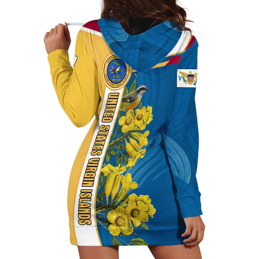 United States Virgin Islands Hoodie Dress with Blue Yellow Floral Design and Government Seal Bird - Wonder Print Shop