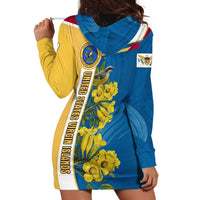 United States Virgin Islands Hoodie Dress with Blue Yellow Floral Design and Government Seal Bird - Wonder Print Shop