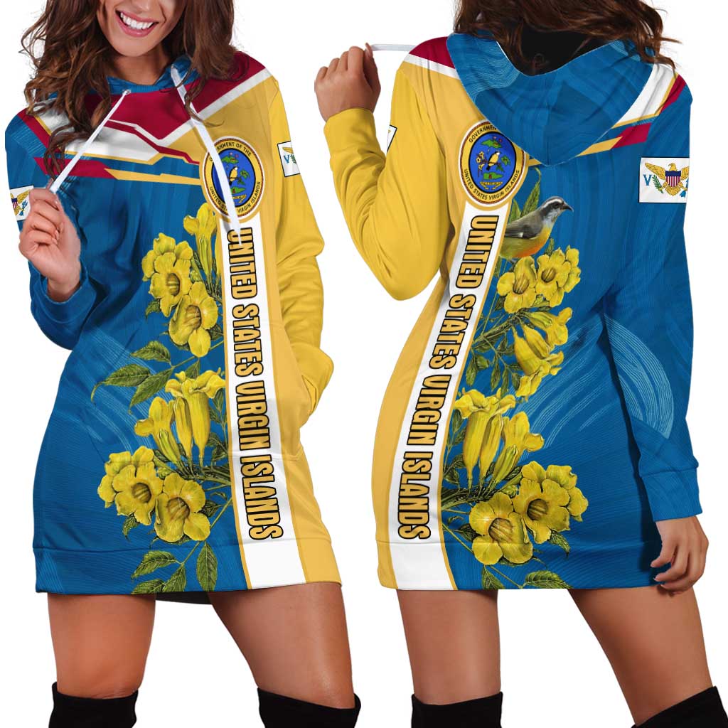 United States Virgin Islands Hoodie Dress with Blue Yellow Floral Design and Government Seal Bird - Wonder Print Shop