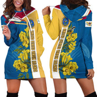 United States Virgin Islands Hoodie Dress with Blue Yellow Floral Design and Government Seal Bird - Wonder Print Shop