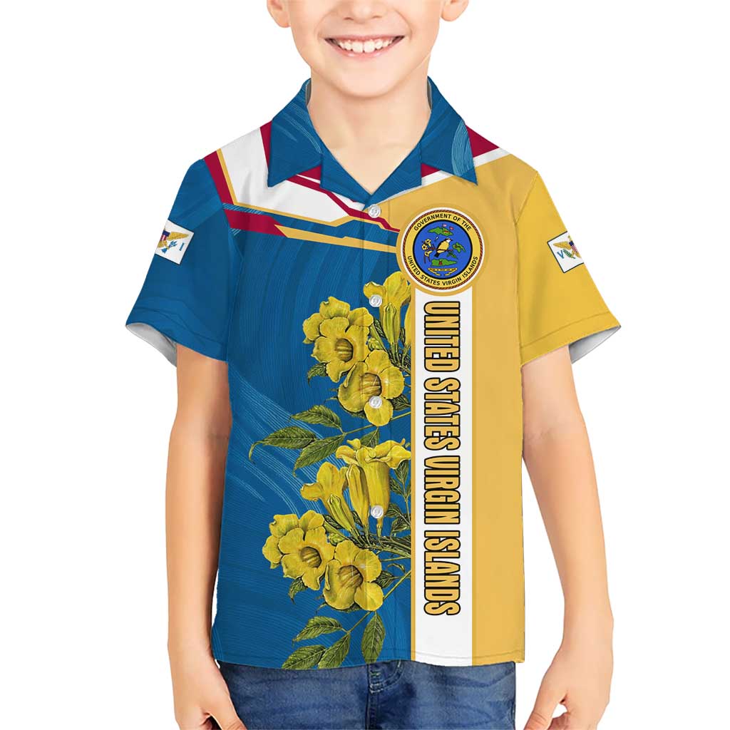United States Virgin Islands Kid Hawaiian Shirt with Blue Yellow Floral Design and Government Seal Bird - Wonder Print Shop