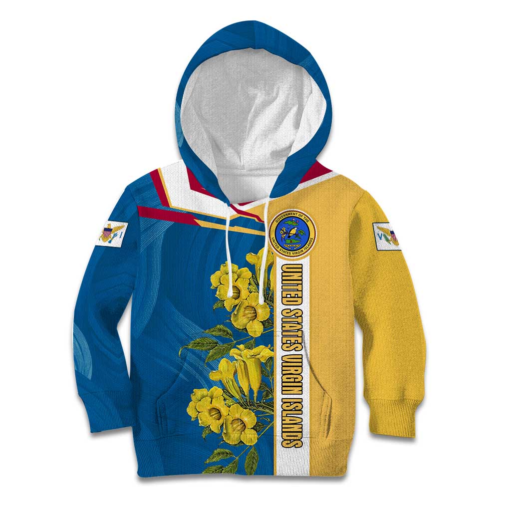 United States Virgin Islands Kid Hoodie with Blue Yellow Floral Design and Government Seal Bird - Wonder Print Shop