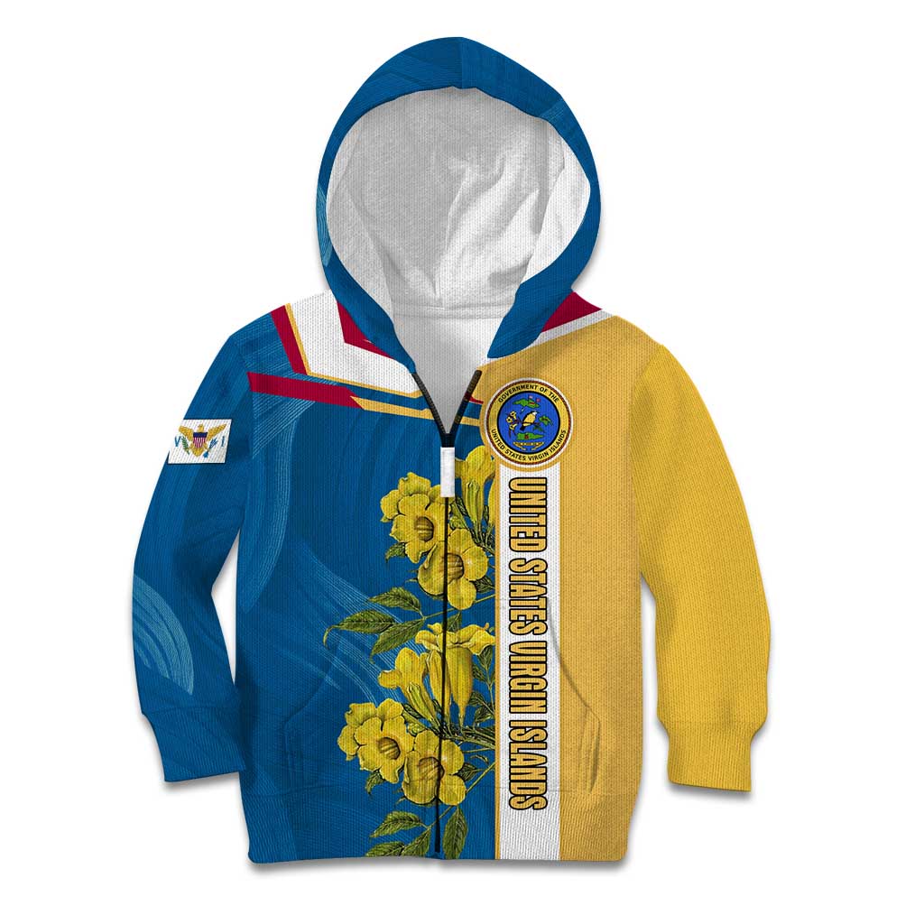 United States Virgin Islands Kid Hoodie with Blue Yellow Floral Design and Government Seal Bird - Wonder Print Shop