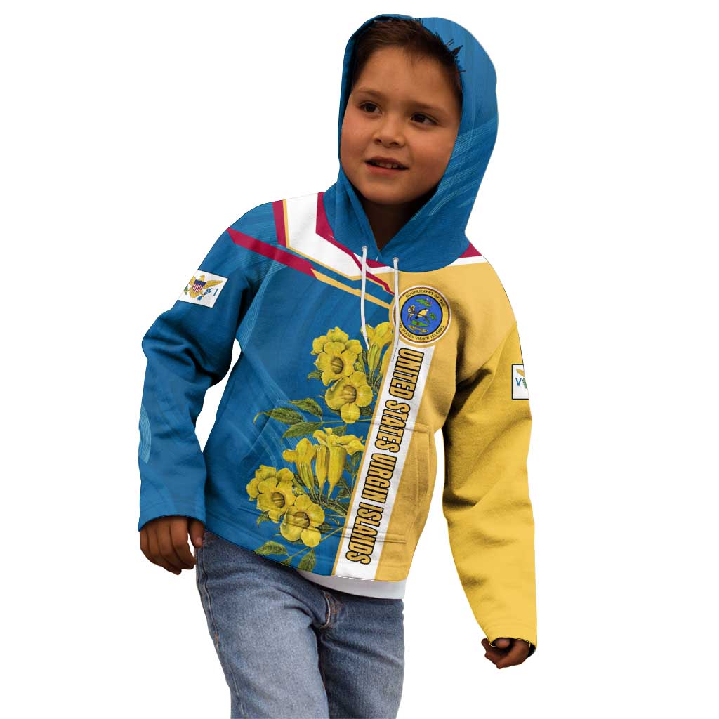 United States Virgin Islands Kid Hoodie with Blue Yellow Floral Design and Government Seal Bird - Wonder Print Shop