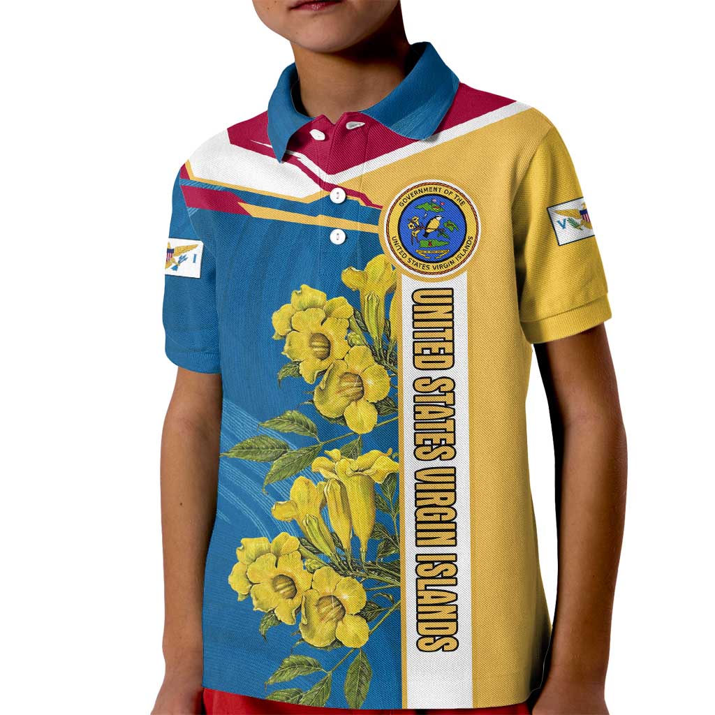 United States Virgin Islands Kid Polo Shirt with Blue Yellow Floral Design and Government Seal Bird - Wonder Print Shop