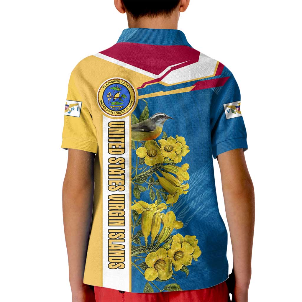 United States Virgin Islands Kid Polo Shirt with Blue Yellow Floral Design and Government Seal Bird - Wonder Print Shop