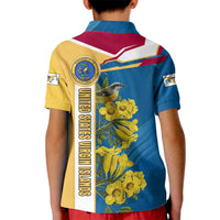 United States Virgin Islands Kid Polo Shirt with Blue Yellow Floral Design and Government Seal Bird - Wonder Print Shop