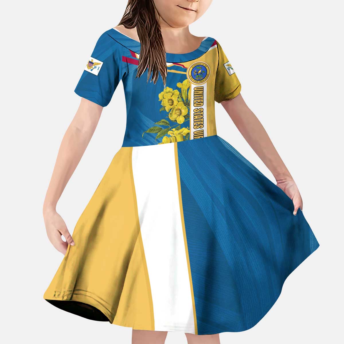 United States Virgin Islands Kid Short Sleeve Dress with Blue Yellow Floral Design and Government Seal Bird - Wonder Print Shop