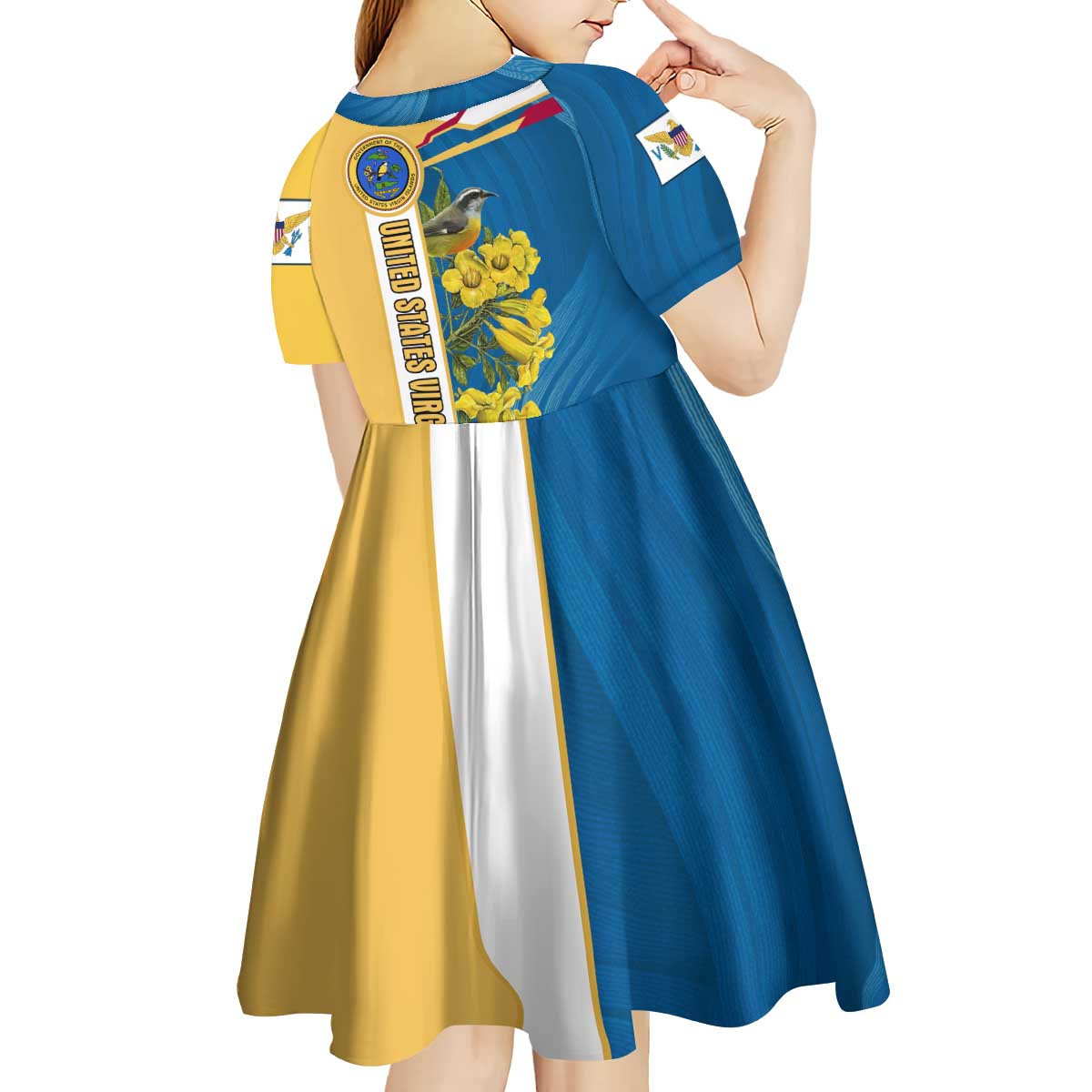 United States Virgin Islands Kid Short Sleeve Dress with Blue Yellow Floral Design and Government Seal Bird - Wonder Print Shop