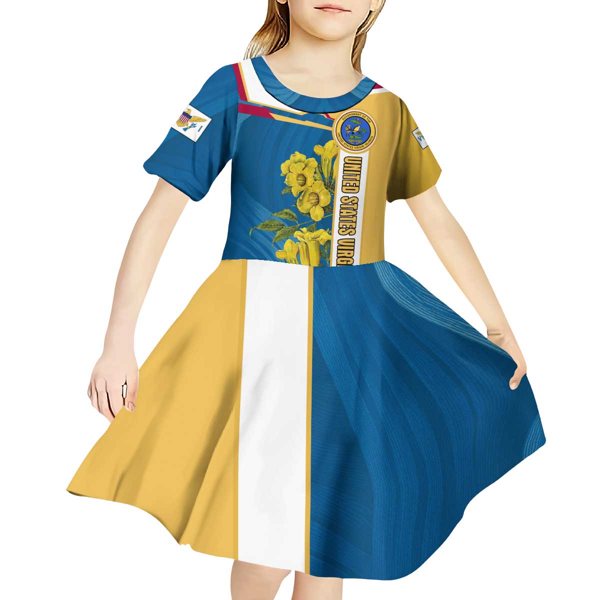United States Virgin Islands Kid Short Sleeve Dress with Blue Yellow Floral Design and Government Seal Bird - Wonder Print Shop