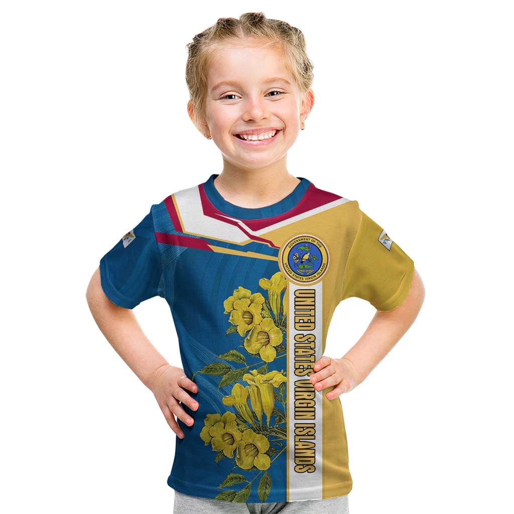 United States Virgin Islands Kid T Shirt with Blue Yellow Floral Design and Government Seal Bird - Wonder Print Shop