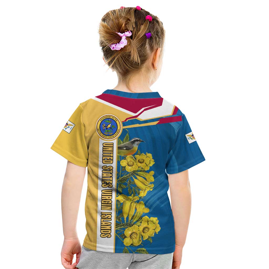 United States Virgin Islands Kid T Shirt with Blue Yellow Floral Design and Government Seal Bird - Wonder Print Shop