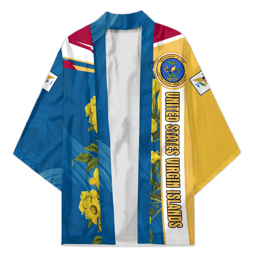 United States Virgin Islands Kimono with Blue Yellow Floral Design and Government Seal Bird - Wonder Print Shop