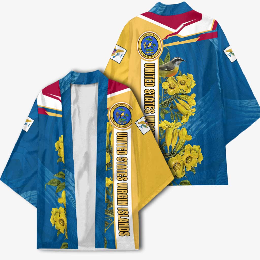 United States Virgin Islands Kimono with Blue Yellow Floral Design and Government Seal Bird - Wonder Print Shop
