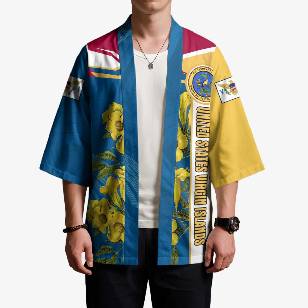United States Virgin Islands Kimono with Blue Yellow Floral Design and Government Seal Bird - Wonder Print Shop