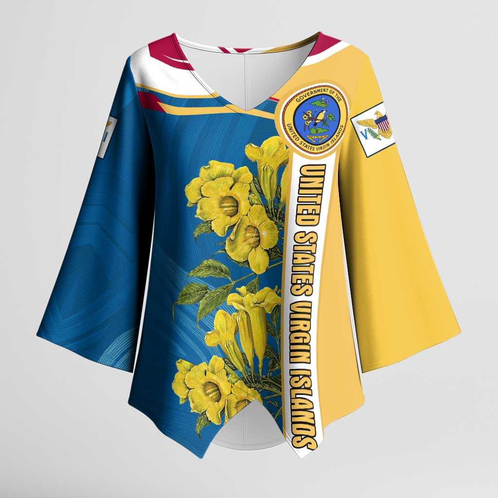 United States Virgin Islands Kimono Sleeve Blouse with Blue Yellow Floral Design and Government Seal Bird - Wonder Print Shop