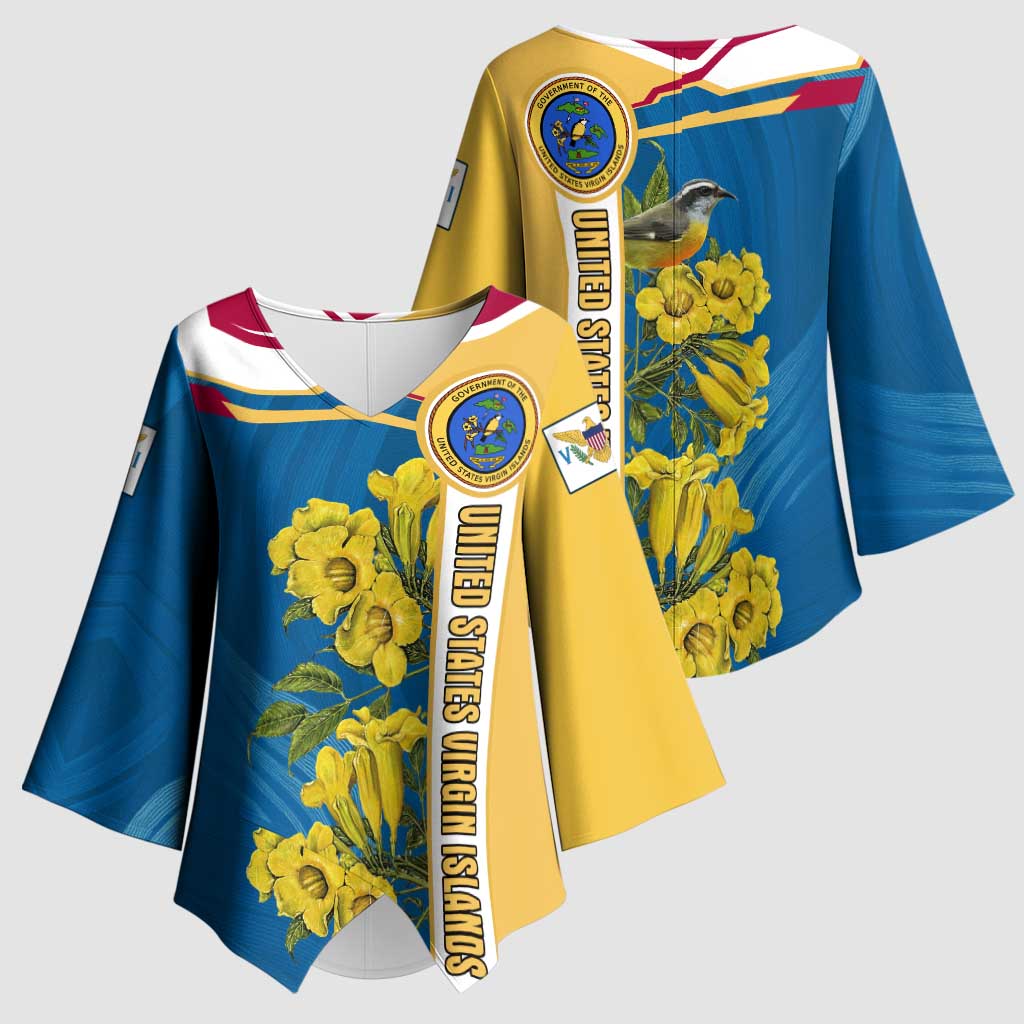 United States Virgin Islands Kimono Sleeve Blouse with Blue Yellow Floral Design and Government Seal Bird - Wonder Print Shop