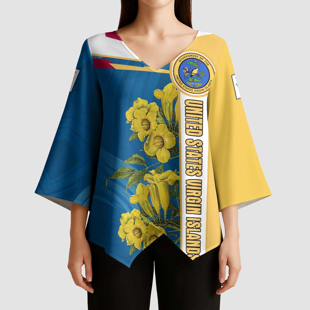 United States Virgin Islands Kimono Sleeve Blouse with Blue Yellow Floral Design and Government Seal Bird - Wonder Print Shop