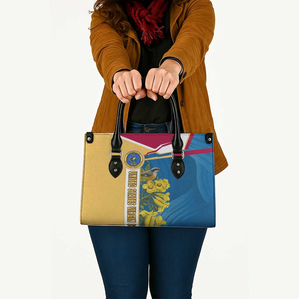 United States Virgin Islands Leather Bag with Blue Yellow Floral Design and Government Seal Bird - Wonder Print Shop