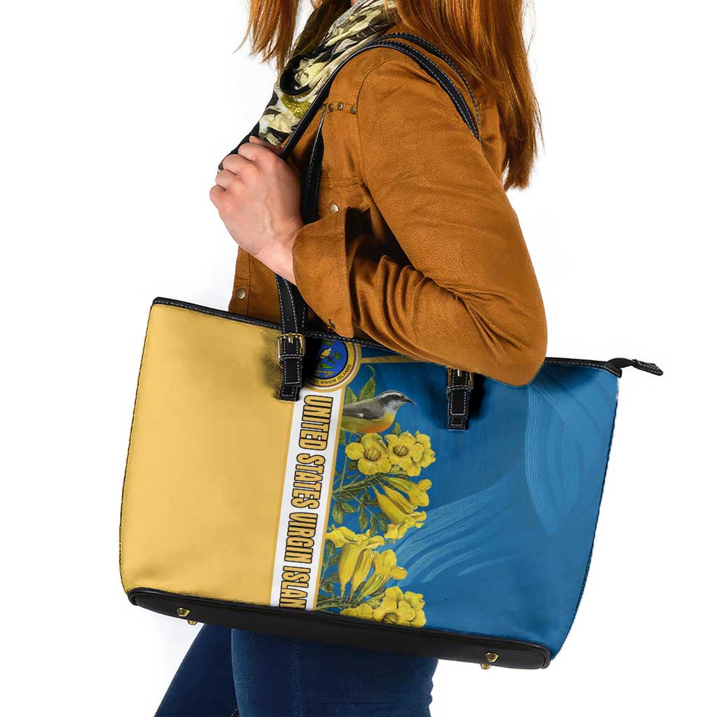 United States Virgin Islands Leather Tote Bag with Blue Yellow Floral Design and Government Seal Bird - Wonder Print Shop