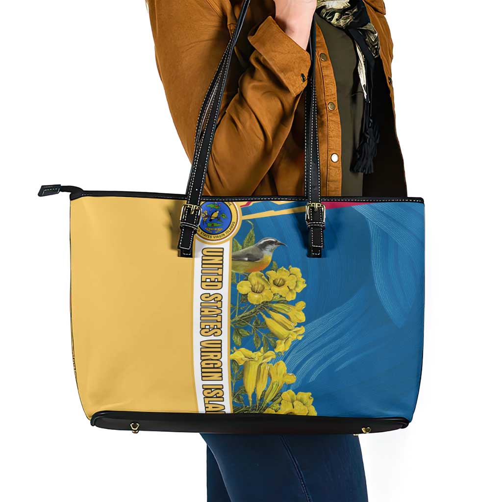 United States Virgin Islands Leather Tote Bag with Blue Yellow Floral Design and Government Seal Bird - Wonder Print Shop