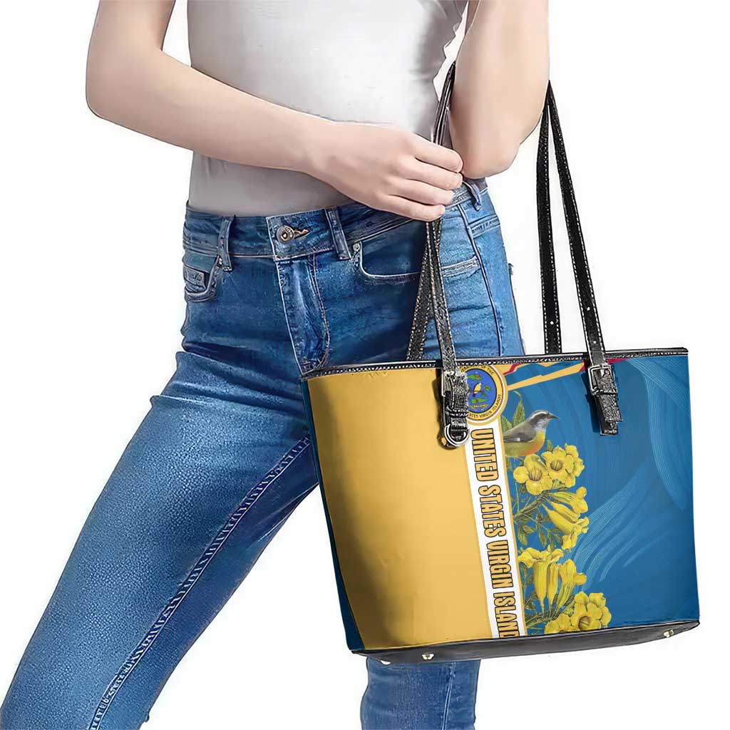 United States Virgin Islands Leather Tote Bag with Blue Yellow Floral Design and Government Seal Bird - Wonder Print Shop