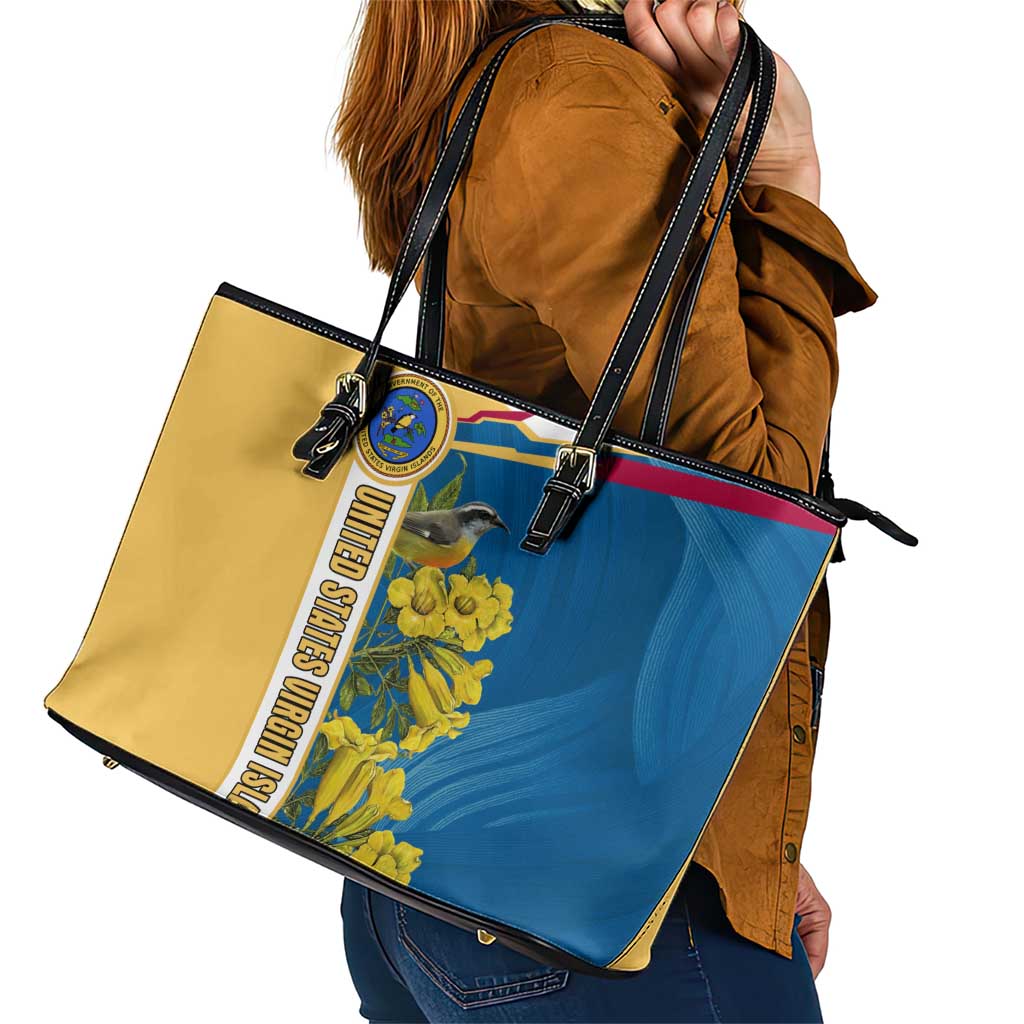 United States Virgin Islands Leather Tote Bag with Blue Yellow Floral Design and Government Seal Bird - Wonder Print Shop