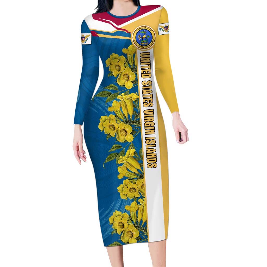 United States Virgin Islands Long Sleeve Bodycon Dress with Blue Yellow Floral Design and Government Seal Bird - Wonder Print Shop
