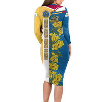 United States Virgin Islands Long Sleeve Bodycon Dress with Blue Yellow Floral Design and Government Seal Bird - Wonder Print Shop