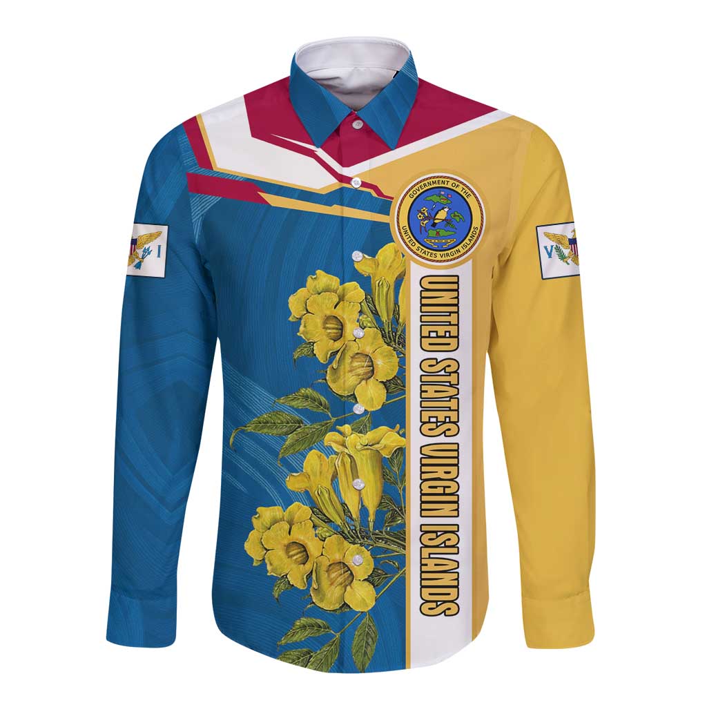 United States Virgin Islands Long Sleeve Button Shirt with Blue Yellow Floral Design and Government Seal Bird - Wonder Print Shop