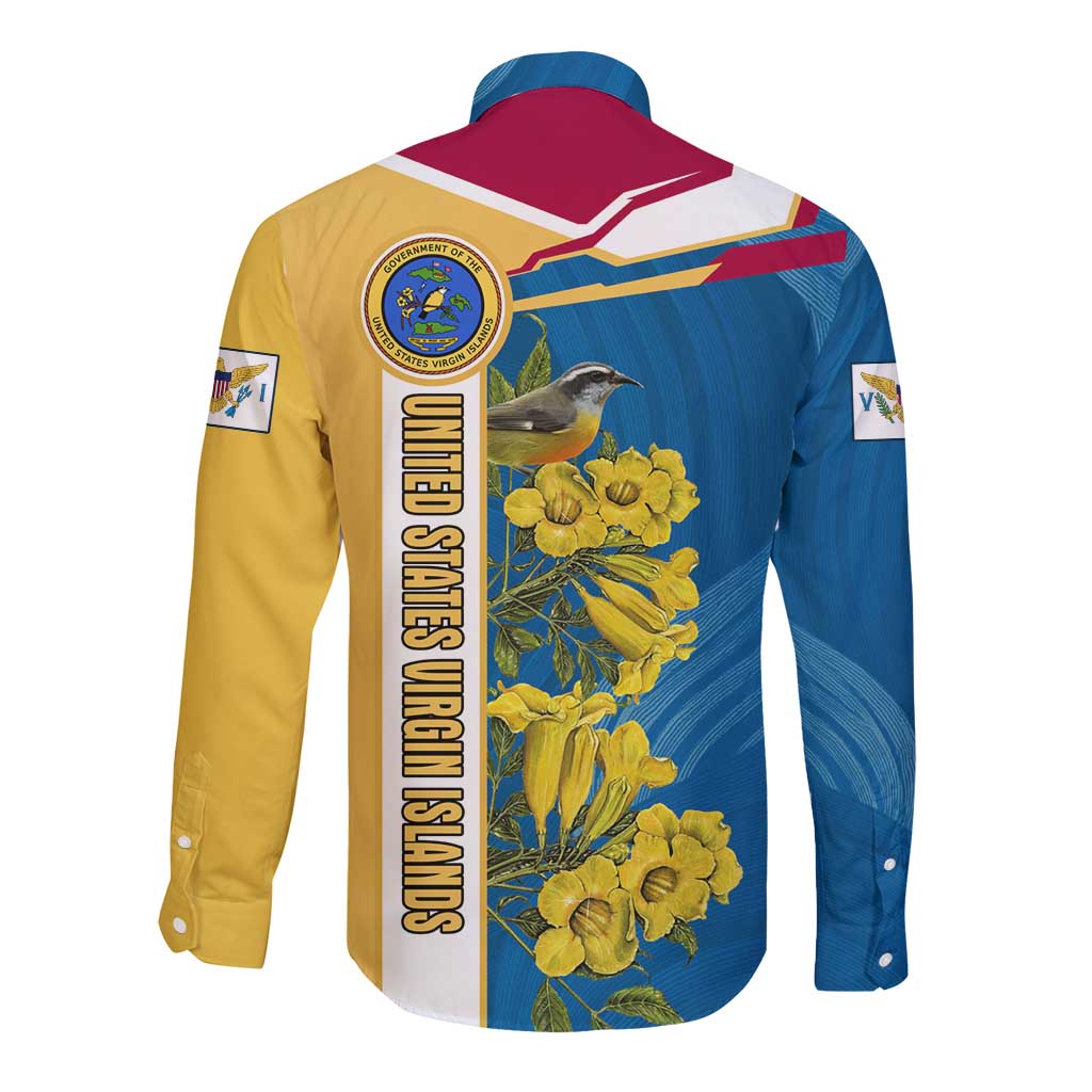 United States Virgin Islands Long Sleeve Button Shirt with Blue Yellow Floral Design and Government Seal Bird - Wonder Print Shop