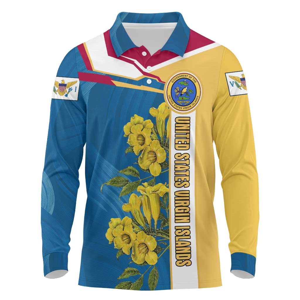 United States Virgin Islands Long Sleeve Polo Shirt with Blue Yellow Floral Design and Government Seal Bird - Wonder Print Shop