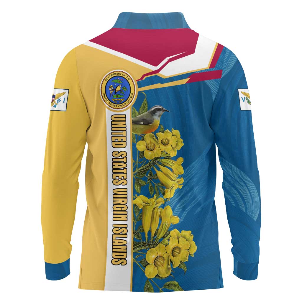 United States Virgin Islands Long Sleeve Polo Shirt with Blue Yellow Floral Design and Government Seal Bird - Wonder Print Shop