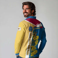 United States Virgin Islands Long Sleeve Polo Shirt with Blue Yellow Floral Design and Government Seal Bird - Wonder Print Shop