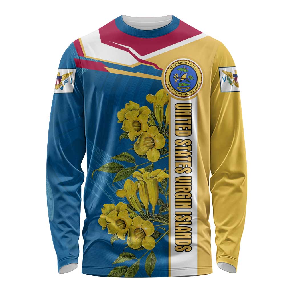 United States Virgin Islands Long Sleeve Shirt with Blue Yellow Floral Design and Government Seal Bird - Wonder Print Shop