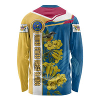 United States Virgin Islands Long Sleeve Shirt with Blue Yellow Floral Design and Government Seal Bird - Wonder Print Shop