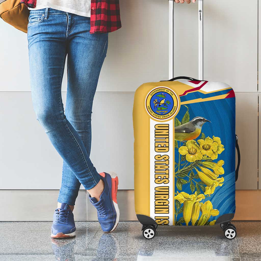 United States Virgin Islands Luggage Cover with Blue Yellow Floral Design and Government Seal Bird - Wonder Print Shop
